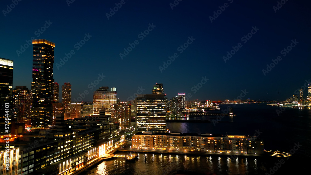 Jersey City at night with its office buildings - aerial view - drone photography