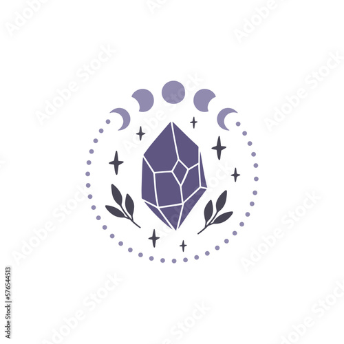 Mystical crystal with moon phase vector illustration. Witchcraft magic symbol gem with star, floral element. Boho t shirt print, celestial poster. Hand drawn esoteric spiritual concept.