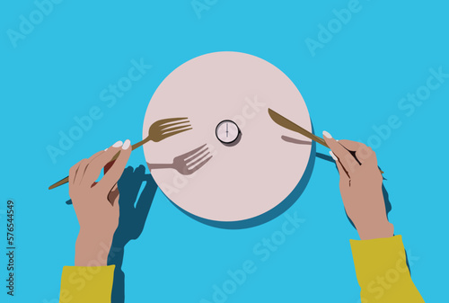 Ramadan fasting illustration vector with two hands holding spoon and fork over an empty plate. Waiting for the time to break the fast.eps