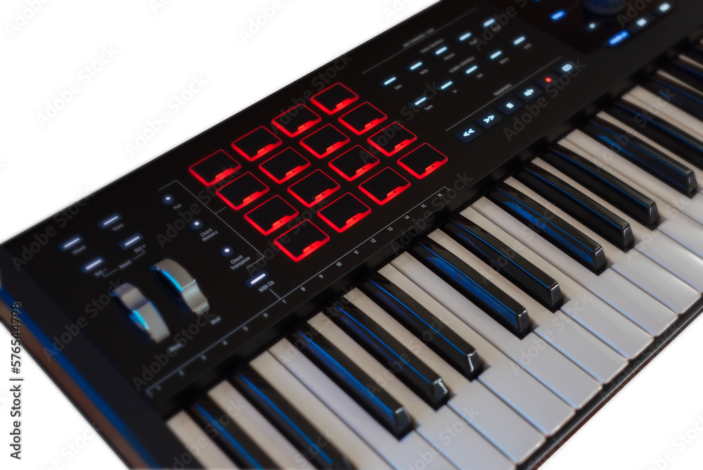 Closeup view of synthesizer isolated on white background Closeup view of synthesizer isolated on white background