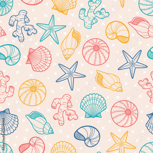 Colorful Seashell Beach Seamless Vector Repeat Pattern