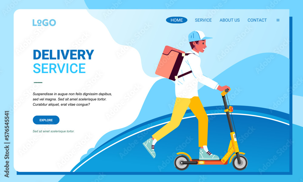Electric scooter courier with parcel boxes on the back delivering food delivery concept. Landing page design Vector illustration for website