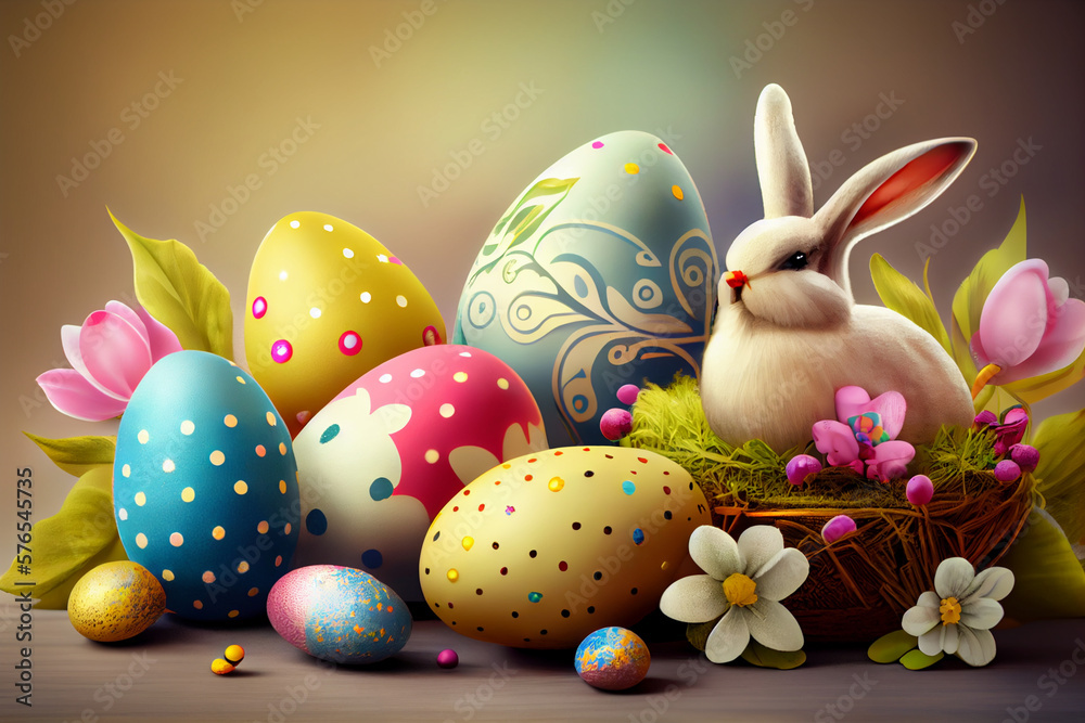 easter eggs and bunny Generative AI illustration