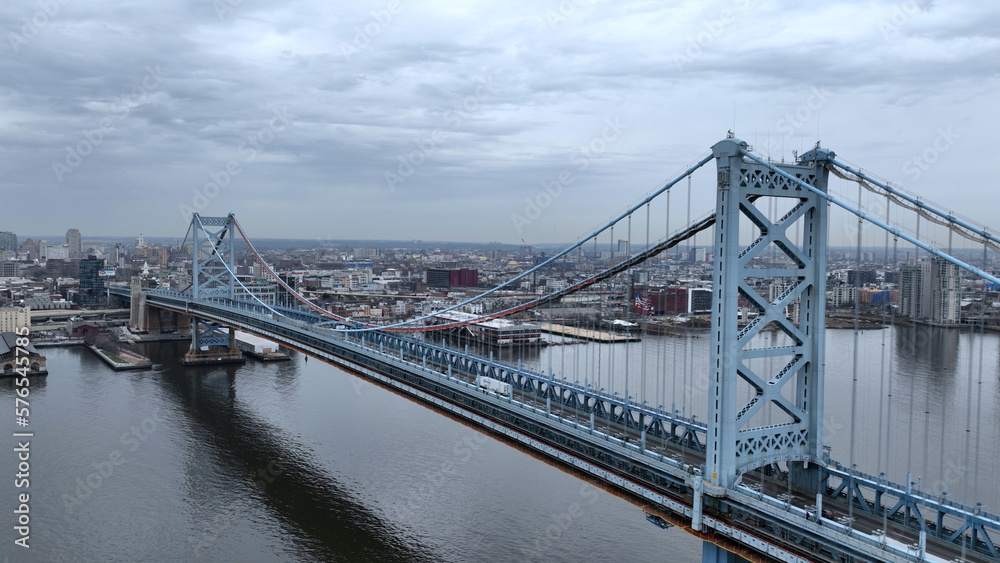 Amazing Ben Franklin Bridge over Delaware River in Philadelphia - drone photography