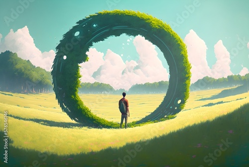 Man standing and looking at a giant overgrown ring in a lush field, digital art atyle, generative AI photo