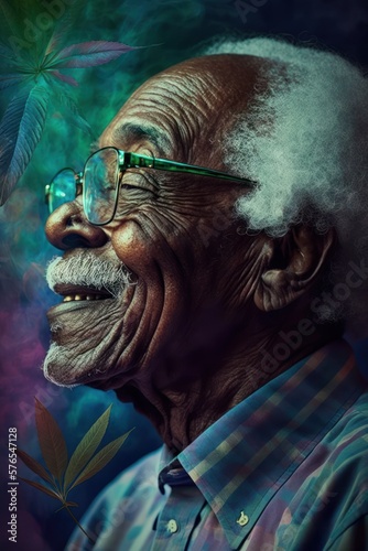 Cannabis 420 Culture: A Beautiful Artistic Designer Portrait of African American Elderly Men and Women Adventuring Happily with Weed Marijuana with Colorful Psychedelic Smoke Background (generative AI