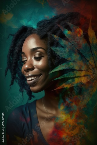 Cannabis 420 Culture: A Beautiful Artistic Designer Portrait of African American Woman Adventuring Happily with Weed Marijuana with Colorful Psychedelic Smoke Background (generative AI