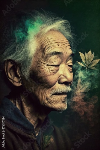 Cannabis 420 Culture: A Beautiful Artistic Designer Portrait of Asian Elderly Man Adventuring Happily with Weed Marijuana with Colorful Psychedelic Smoke Background (generative AI