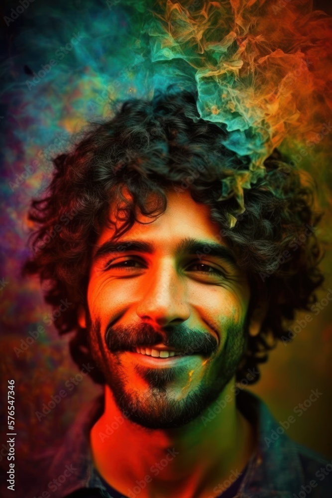 Cannabis 420 Culture: A Beautiful Artistic Designer Portrait of Hispanic Man Adventuring Happily with Weed Marijuana with Colorful Psychedelic Smoke Background (generative AI
