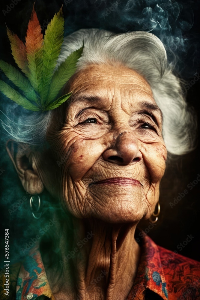 Cannabis 420 Culture: A Beautiful Artistic Designer Portrait of Hispanic Elderly Woman Adventuring Happily with Weed Marijuana with Colorful Psychedelic Smoke Background (generative AI