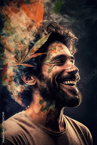 Cannabis 420 Culture: A Beautiful Artistic Designer Portrait of Hispanic Man Adventuring Happily with Weed Marijuana with Colorful Psychedelic Smoke Background (generative AI