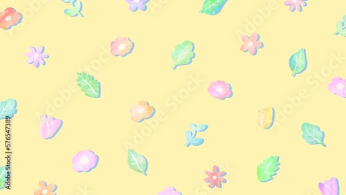 Random pattern background of pop flowers and leaves Cute hand-painted watercolor illustration / ポップな花と葉っぱのランダムな模様の背景 春と夏 かわいい手描きの水彩イラスト