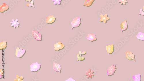 Random pattern background of nuance color flowers and leaves Autumn and winter Cute hand-painted watercolor illustration / ニュアンスカラーな花と葉っぱのランダムな模様の背景 秋と冬 かわいい手描きの水彩イラスト