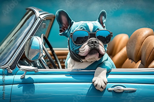 Cute dog wearing sunglasses driving a blue car, generative AI
