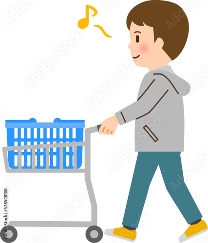 ショッピングカートを押す笑顔の男性