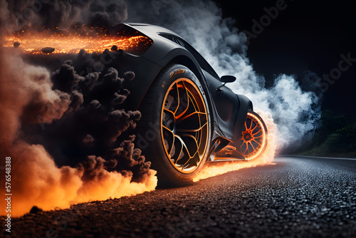 a racing car doing tricks on the road breathing fire and smoke in its tires