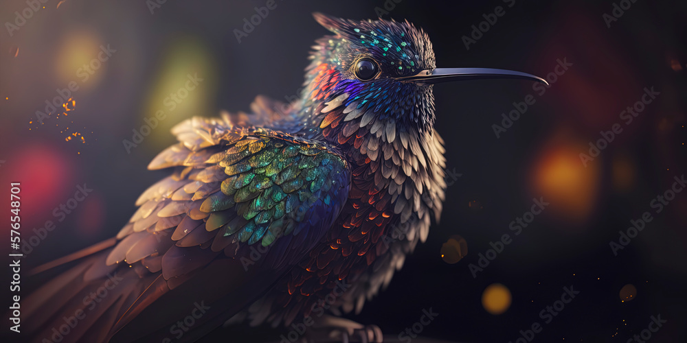 Obraz premium This photograph beautifully captures a hummingbird in sharp focus against a background of natural light flares and bokeh. AI-Generated