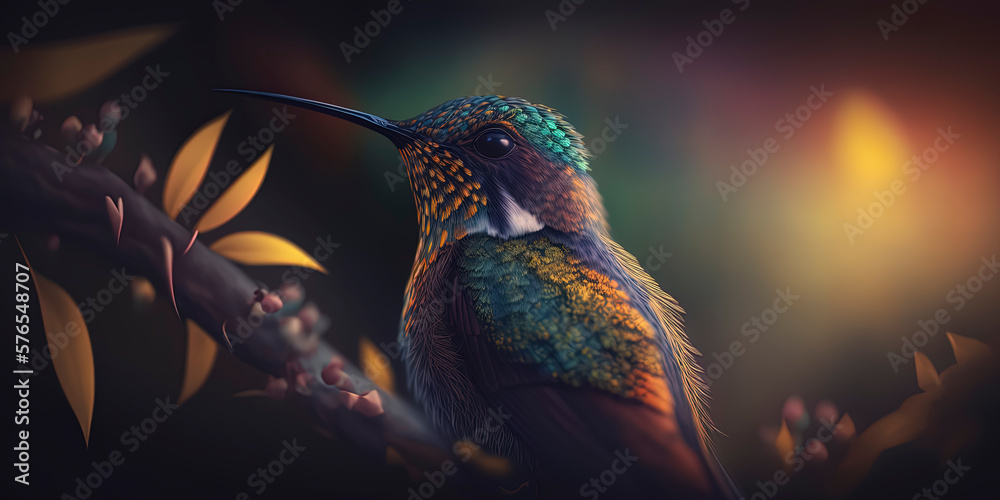 Obraz premium This photograph beautifully captures a hummingbird in sharp focus against a background of natural light flares and bokeh. AI-Generated