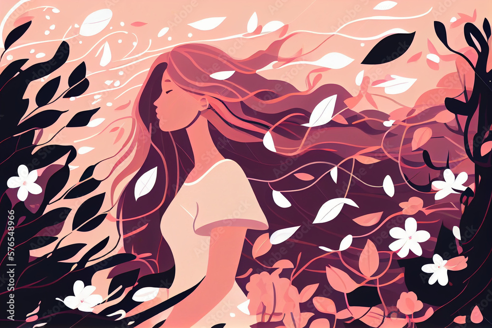 graphic concept art, a women with springtime running through her long flowing hair graphic concept art, a women with springtime running through her long flowing hair
