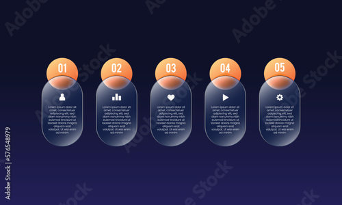 Glassmorphism infographic objects for web application or presentation dark blue and orange gradient concept 