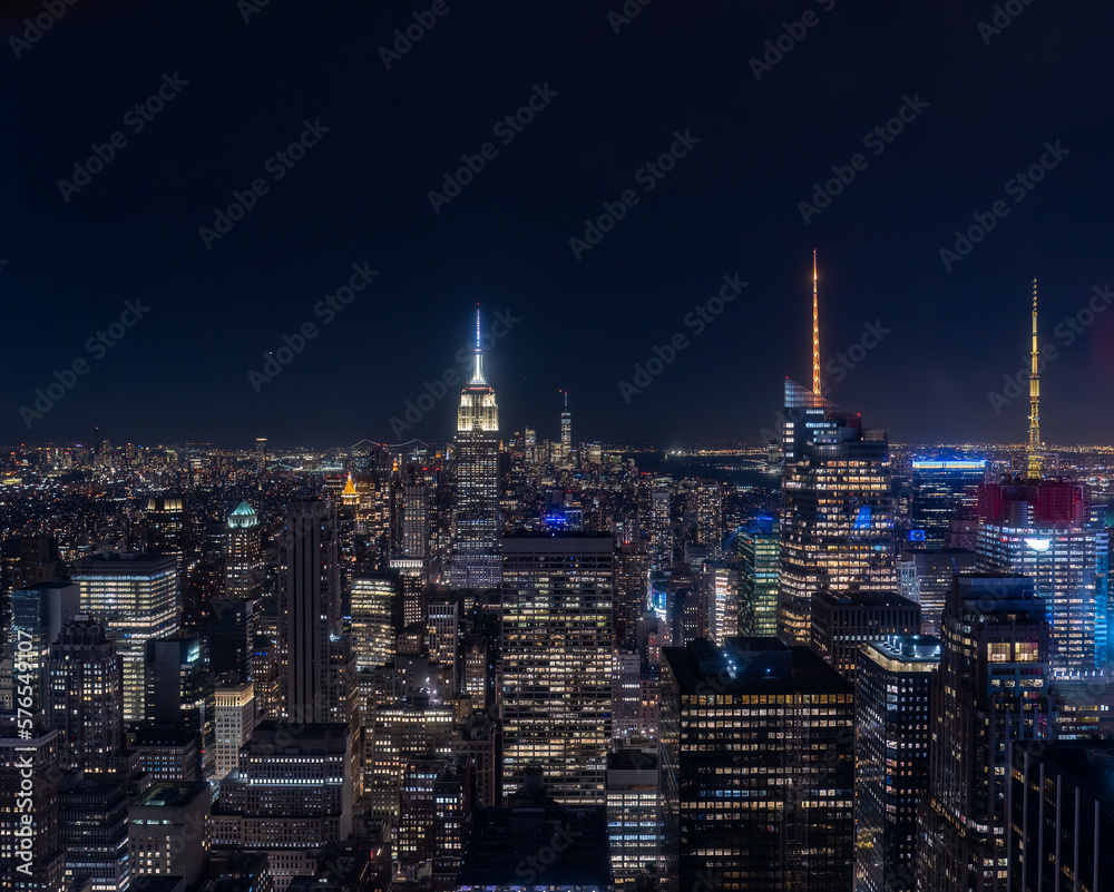 Aerial View of the Manhattan Skyscrappers in a Clear Winter Night in 2023