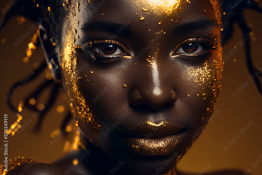 Editorial photography, black woman, dripping in gold and glitter. AI-Generated