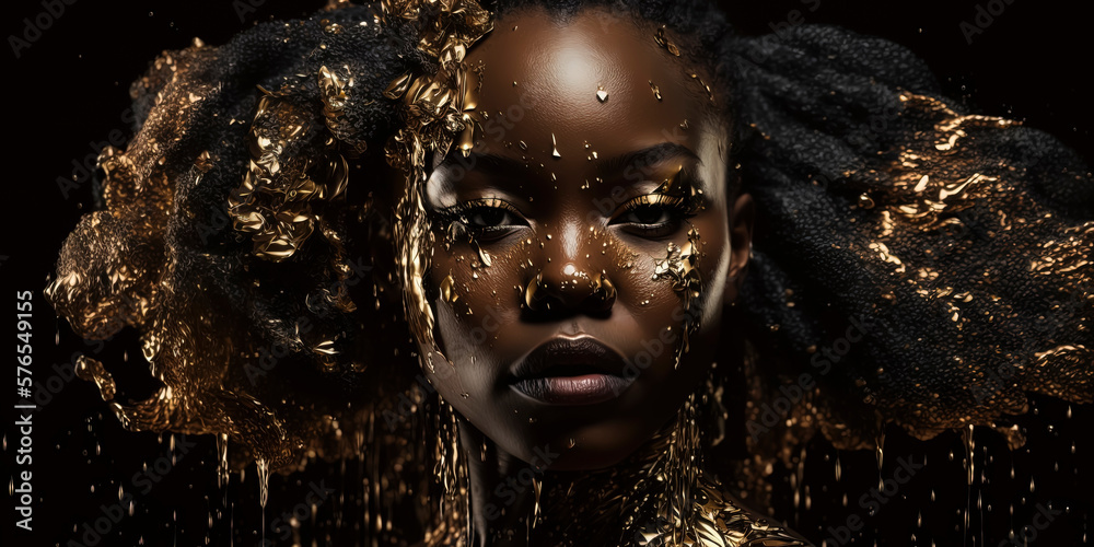 African woman, editorial photography, dripping in gold and glitter. AI-Generated African woman, editorial photography, dripping in gold and glitter. AI-Generated
