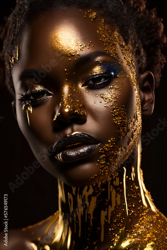 A high fashion photography photo of a African American woman bathing in gold glitter paint. AI-Generated