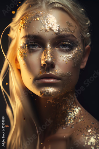 Editorial photography, blonde woman, dripping in gold and glitter. AI-Generated