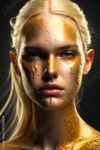 Editorial photography, blonde woman, dripping in gold and glitter. AI-Generated © Lemart