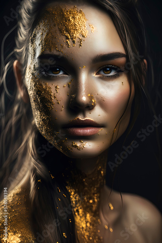 portrait pretty female model with golden paint covering her face 8k photographic style professional fashion portrait photography. AI-Generated