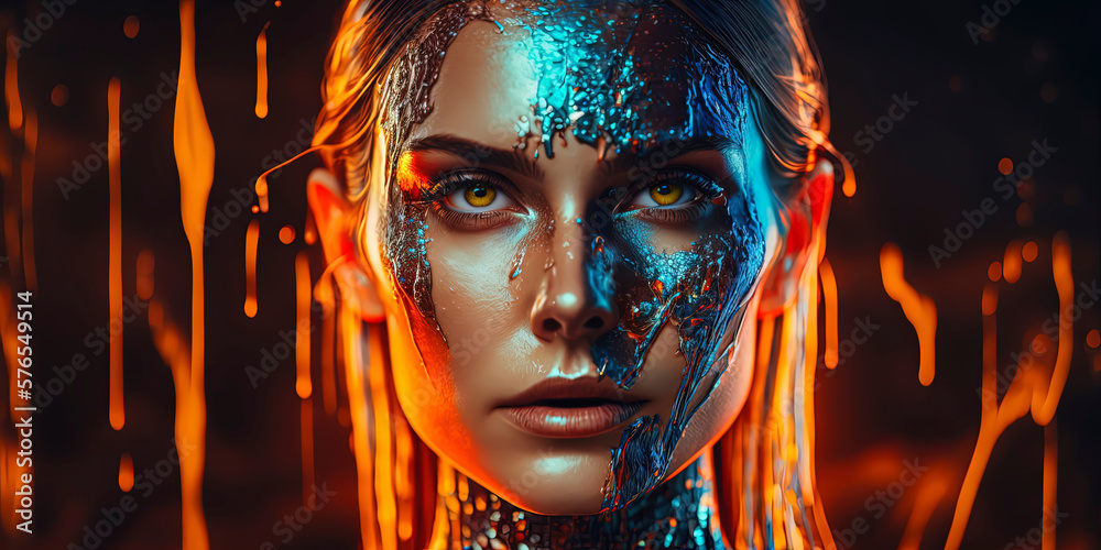 Editorial photography of blonde woman, dripping in metal lacquer neon sci - fi liquid glass, psychedelic dmt, iridescent mask. AI-Generated Editorial photography of blonde woman, dripping in metal lacquer neon sci - fi liquid glass, psychedelic dmt, iridescent mask. AI-Generated