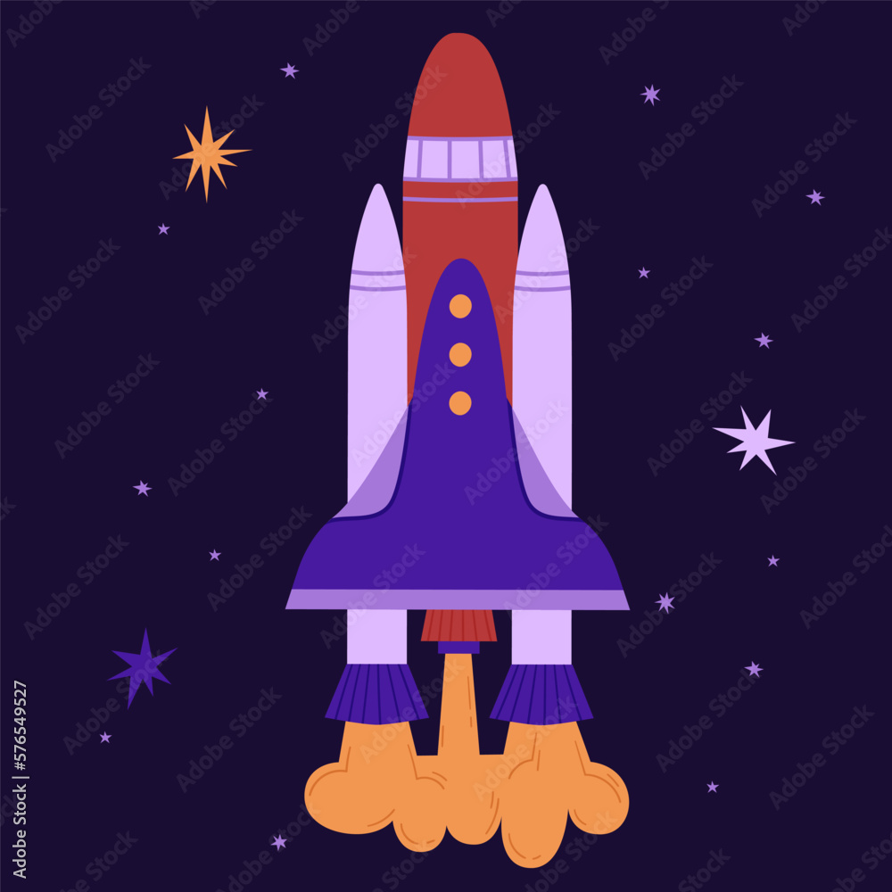 Colorful large space rocket on the background of the starry sky vector illustration. Spaceship in flat style. International Day of Human Space Flight and Cosmonautics Day. Ideal for stickers Colorful large space rocket on the background of the starry sky vector illustration. Spaceship in flat style. International Day of Human Space Flight and Cosmonautics Day. Ideal for stickers