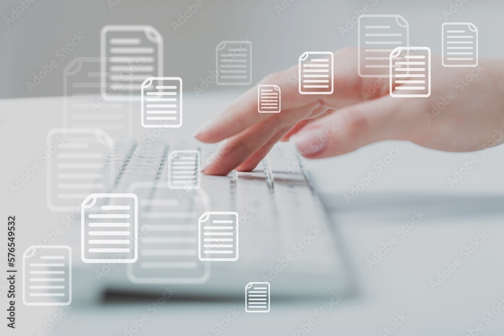 Corporate data system with document images on office desk background Corporate data system with document images on office desk background