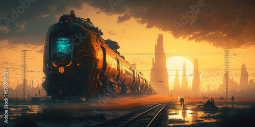 Extremely futuristic cyberpunk industrial sunset wasteland with futuristic skyscrapercity in the background - rain and bad wather extremely futuristic futuristic train. AI-Generated