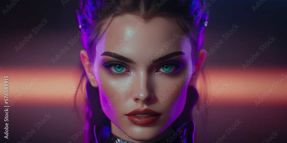 A beautiful Welsh supermodel android girl is looking directly at the camera from a mid-angle position, with a vividly colored background adding depth to the shot. AI-Generated