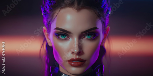 A beautiful Welsh supermodel android girl is looking directly at the camera from a mid-angle position, with a vividly colored background adding depth to the shot. AI-Generated