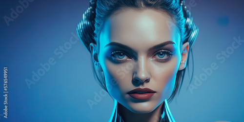 A beautiful Welsh supermodel android girl is looking directly at the camera from a mid-angle position  with a vividly colored background adding depth to the shot. AI-Generated