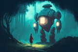 Woman holding a lantern looking at a big robot in the forest, digital art style, generative AI 