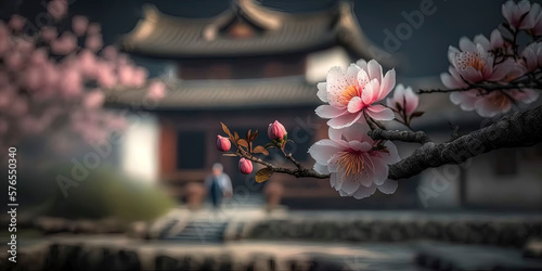 a blooming pink peach blossom, the posture of the tree is beautiful, the pink peach blossom is very gorgeous, grows next to the pool of the courtyard of the ancient building. AI-Generated