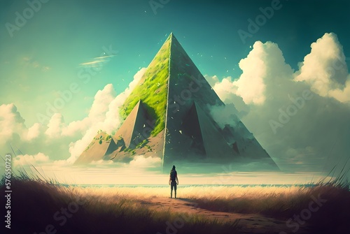 large pyramid covered with green grass towered in front of the traveler. digital art style  generative AI