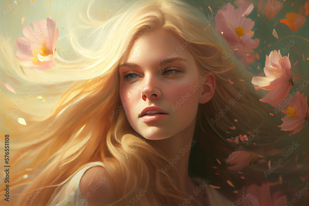 woman with blonde wavy hair with spring flowers all around her, illustration, fictional woman, ai generated woman with blonde wavy hair with spring flowers all around her, illustration, fictional woman, ai generated