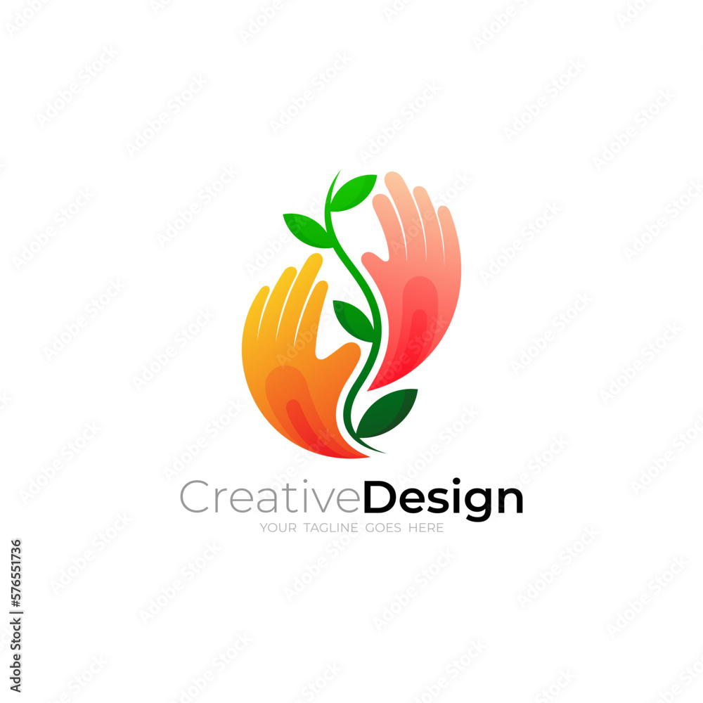Hand logo and leaf design combination, nature icons, tree logos