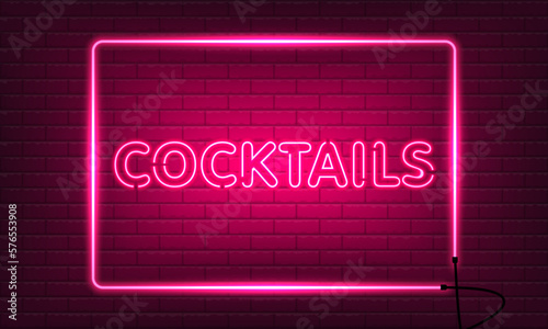 Neon sign Cocktails with glass in frame on brick wall background. Vintage pink electric signboard with bright neon lights. Drink Night Club. Bar neon sign light falls. Vector illustration