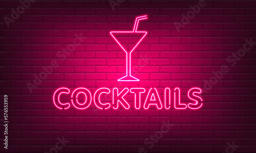 Neon sign Cocktails with glass on brick wall background. Vintage pink electric signboard with bright neon lights. Drink Night Club. Bar neon sign light falls. Vector illustration