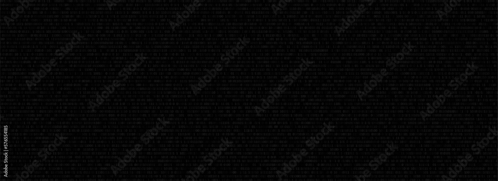 Binary code black and white background with two binary digits, 0 and 1 isolated on black background. Algorithm Binary Data Code, Decryption and Encoding. Security protection. Vector illustration.