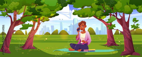 Cartoon vector background with girl sitting in park on yoga mat and talk on smartphone. Outdoor summer cityscape illustration. Woman hide from city in nature for remote work with phone.