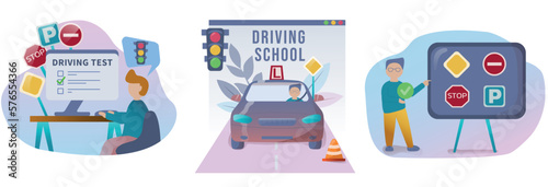 Driving lesson illustration set. People studying in driving school and passing exams. Traffic rules. Road signs. Education and drive lesson. Modern flat style. Vector illustration on white background