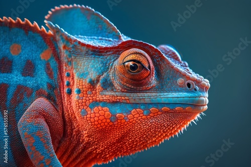 Canvas Print close up of a red color chameleon lizard on blue background, generative ai