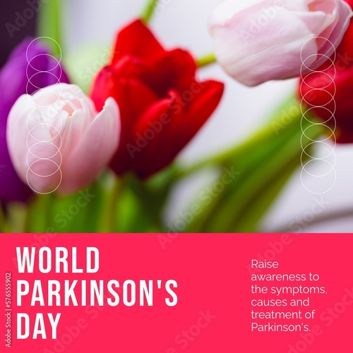 Image of world parkinson's day text over colourful tulips